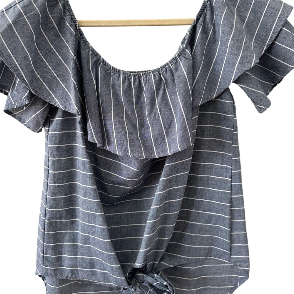 Fantastic Fawn Off Shoulder Top L Blue‎ White Striped Ruffle Tie Front Boho